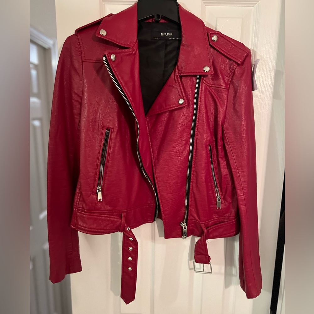 Zara red faux leather jacket